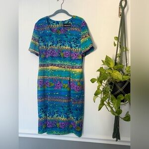 Vintage 90s Sag Harbor Tropical Hawaiian Hibiscus Beach Tribal Neon Pencil Dress